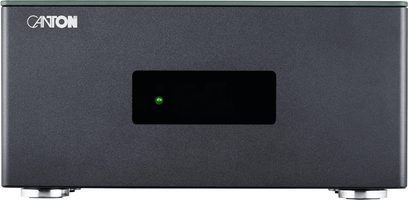 Multiroom-förstärkare Canton Smart Amp 5.1 S2 i antracitsvart, sikt framifrån med avskalad frontpanel, svart displayfönster och grön indikatorlampa