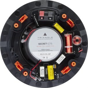 Beépíthető Triangle Secret ICT5 hangszóró, elölnézet, látható hangszórók, fekete kivitel, műszaki címkék