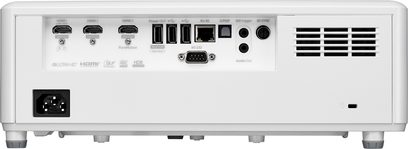 Optoma UHZ50 hvid videoprojektor, bagside, HDMI, VGA, HDR, audio, RS-232, 12V trigger, RJ-45, USB, ventilationsgitre