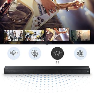 Samsung HW-MS651 sort soundbar, set forfra, med 4 ikoner, på hvid baggrund med blå prikker, med guitar og musikere i baggrunden