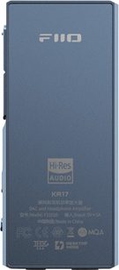 FiiO KA17 mavi mat alüminyum dikdörtgen kasa, ön görünüm, üstte gümüş FiiO logosu ve altta Hi-Res Audio işaretlemesi ile düzenleyici yazılar