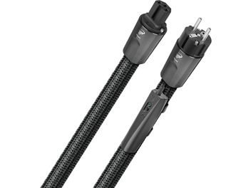 Deux câbles d'alimentation secteur noirs Audioquest Tornado 72V DBS C15 1m, connecteurs IEC et Schuko, gaine tressée