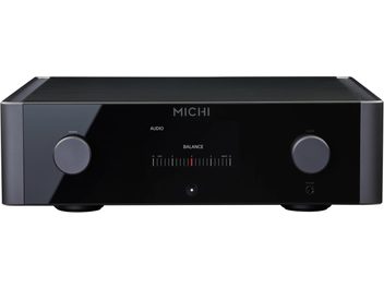 Preamplificatore stereo Michi P5 Series 2, vista frontale, chassis rettangolare nero, 2 pulsanti circolari, schermo centrale
