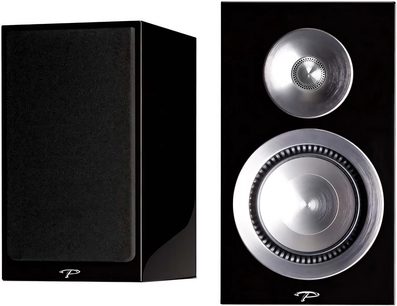 Paradigm Prestige 15B boghøjttaler i sort lak, set forfra, to sølvfarvede cirkulære højttalere, sort gitter