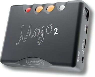 Портативний ЦАП Chord Mojo 2 чорного кольору, компактний, із кольоровими сферичними кнопками зверху та гравійованим логотипом