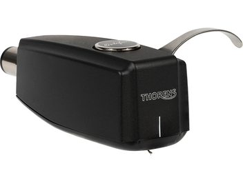 Wkładka do gramofonu hi-fi SPU 124, czarna kanciasta obudowa, widoczne logo Thorens, metalowe złącze z tyłu, zakrzywiona dźwignia