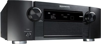 Marantz SR6003 sort hjemmebiograf-forstærker, aluminiumsfront, drejelige knapper, blåt display, USB- og hovedtelefonstik