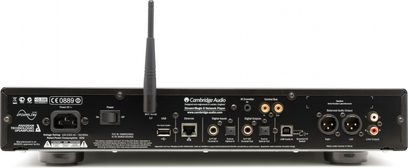 „Cambridge Audio Stream Magic 6" sidabrinės spalvos tinklinis garso grotuvas, galinis vaizdas, garso ir tinklo jungtys, Wi-Fi antena
