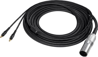 Zwarte gevlochten kabel met verzilverde XLR-connectoren aan de uiteinden, voor de Audio Technica ATH-AWKT hoofdtelefoon