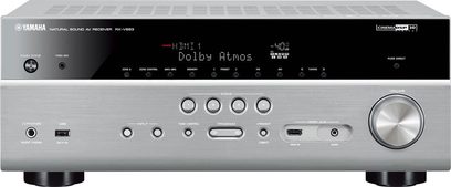 Yamaha RX-V683 tytanowy wzmacniacz kina domowego, widok z przodu, wyświetlacz "HDMI 1 Dolby Atmos", srebrna obudowa z przyciskami i pokrętłem