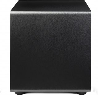 Essentials Sub 12 subwoofer i frontvisning, sort kubisk kabinet med børstet finish og let afrundede hjørner