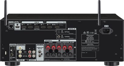 Pioneer VSX-830-K sort home cinema-forstærker, bagside, audio/video-tilslutninger, AM/FM-antenner, netværks- og strømstik