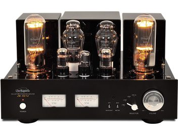 Line Magnetic LM-805IA fekete csöves hi-fi erősítő, elölnézet, 4 világító elektroncső, 2 VU-mérő, gombok és választókapcsoló