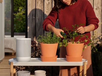 L'image montre une femme en pull rouge tricoté s'occupant de plantes vertes en pots sur une table basse en bois clair
