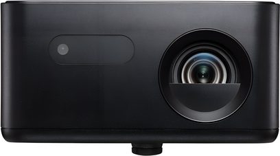 Videoproiettore Optoma Photon Life PK31, vista frontale, custodia in plastica opaca nera, lente a destra, finestra a sinistra