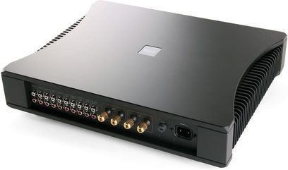 Ampli hi-fi stéréo Rega Aethos Noir, vue de face, connectiques à l'arrière, boutons et prises à l'avant, grilles d'aération