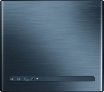 Hisense C1 projektors, skats no augšas, matēta metāla virsma, 4 apaļas pogas un 1 gaismas indikators
