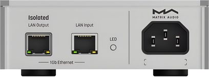 Matrix Audio SI-1 netværksisolator sølv, bagfra set med LAN Ethernet-indgang og -udgang samt strømstik