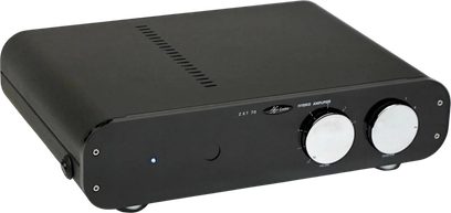 Lector Audio ZXT-70 sort integreret stereoforstærker, set forfra med to store sølvfarvede betjeningsknapper