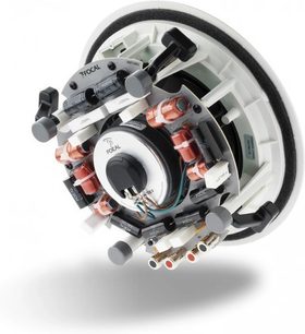 Głośnik instalacyjny Focal IC 706V ST, widok rozłożony na części składowe, takie jak przetworniki, filtry i złącza