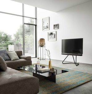 Moderne stue med gråt sofa, glasbordplade, fladskærms-tv på sort møbel, store vinduer, stribet tæppe og rammer på væggen
