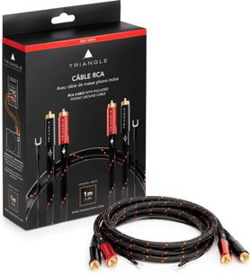 Стерео RCA кабел Triangle Red Serie, 1 м, черен плетен, с позлатени червени и черни конектори и фоно заземителен кабел