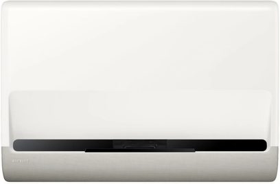 Samsung The Premiere SP-LPU7D, set forfra, hvid overflade, sort vandret bånd, grå tekstureret base
