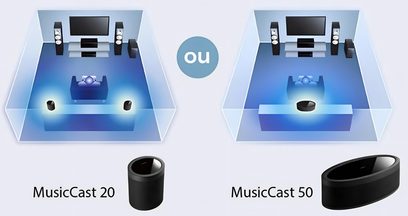 Dvě připojitelné reproduktory Yamaha MusicCast 20 a 50, pohled zepředu, v modré a černé barvě, s displejem a tlačítky