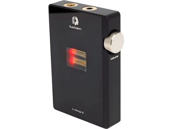 Convertitore audio portatile EarMen L-Amp II nero con manopola del volume argentata e vumetro luminoso rosso