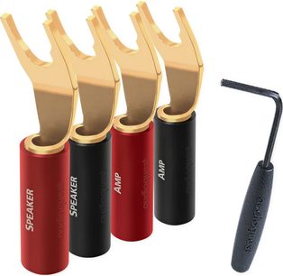 5 Bananenstecker Audioquest SureGrip 100 in Gold, Rot und Schwarz, mit vergoldeten Gabelkontakten, auf weißem Hintergrund