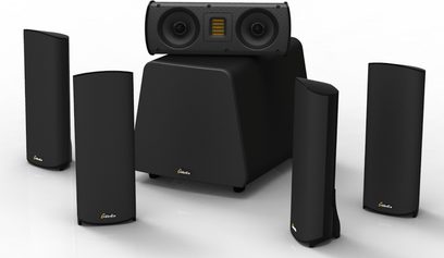 Sada kompaktních reproduktorů GoldenEar SuperSat 3 černé, 5 reproduktorů a 1 subwoofer, pohled zepředu