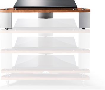 Naim Audio Fraim standard 115mm hi-fi shelf, 4 transparent glass shelves, dark wood frame, front view