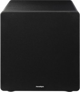 Paradigm Essentials Sub 12 subwoofer set forfra, sort rektangulært kabinet med afrundede hjørner og logo nederst i midten