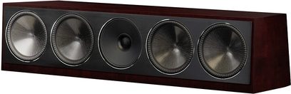 Paradigm Founder 90C center channel speaker in dark cherry finish, front view, 5 circular speakers aligned horizontally