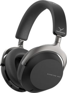 Brezžične Bluetooth slušalke Aventho 300 črne barve, oblazinjen naglavni trak, črne okrogle ušesne blazinice, srebrna kovinska konstrukcija
