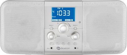 Digital FM-radio Boston Horizon Duo hvid, set forfra, blå LCD-skærm "10:33" og sølvfarvede kontrolknapper