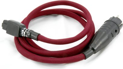 MPC Audio Secteur Source MK4 rød strømkabel med IEC- og mørk grå Schuko-stik, set oppefra