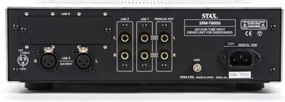STAX SRM-T8000 sølvfarget hodetelefonforforsterker, frontvisning, kontakter og kontroller på forsiden, strømforsyning 120V 50/60Hz 95W