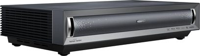 Hisense PX3-Pro projector, angled view, front with perforated grille, sides with slots, black feet