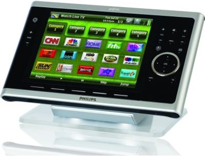 Philips Pronto TSU9800 universal fjernbetjening set forfra, farve-touchskærm viser applikationsikoner
