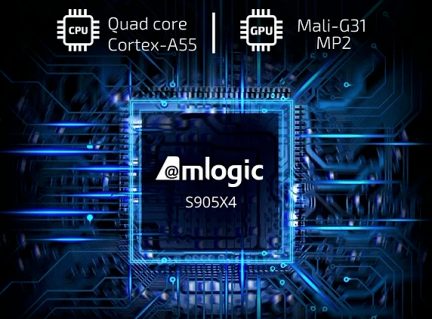 Изображение на процесор Amlogic S905X4 с текст „Quad core Cortex-A55“ и „Mali-G31 MP2“, сини електронни схеми на заден план