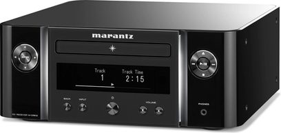 Sistema hi-fi Marantz MCR-612 nero, vista frontale, display LCD, pulsanti e manopole di controllo, porte frontali