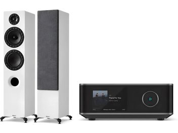 Pair of white Elipson floorstanding speakers with black front panel and black network amplifier with screen, front view