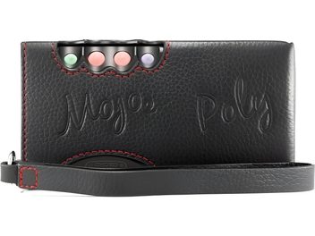 Black leather case for Chord Electronics Mojo 2 + Poly with 4 colored buttons, red stitching, and embossed "Mojo Poly" inscription
