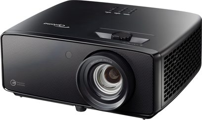 Optoma UHZ58LV-projektor i sort, kabinet med plastlook, trekvart frontvisning, frontlinse, sidegitre