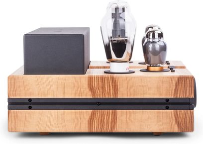 Høyoppløst hodetelefonforforsterker Feliks Audio Envy Standard i eik, frontvisning med synlige rør og sokkel i eik