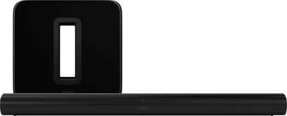 Sort Sonos Arc lydbjælke og Sub (3. gen.) baskabin set forfra