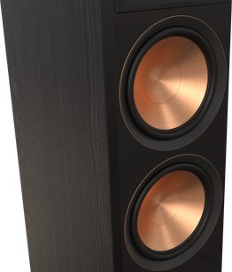 Sloupcový reproduktor Klipsch RP-8000F II ebony edice 2022, provedení černá, pohled zepředu a z boku, 2 viditelné reproduktory