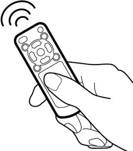 Dessin au trait noir d'une main tenant une télécommande avec boutons ronds sur fond blanc