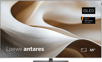 OLED televizor Loewe Antares 65 palců s plochou obrazovkou, pohled zepředu na černém středovém stojanu